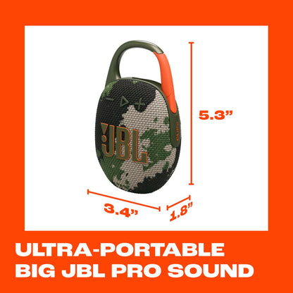 JBL Clip 5 - Ultra-Portable, Waterproof & Dustproof Bluetooth Speaker, Big Pro Sound with Punchy bass, Integrated Carabiner, Up to 12 Hours of Play, Made in Part with Recycled Materials (Squad)
