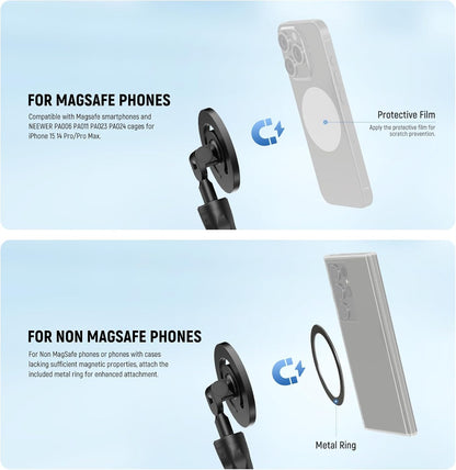 Neewer Magnetic Flexible Phone Holder with 1/4 Screw Adapter, Mini Bendable Tripod Stand Selfie Stick Compatible with MagSafe iPhone Samsung Android Cellphones for Handlebar/Treadmill/Stroller, GP-19