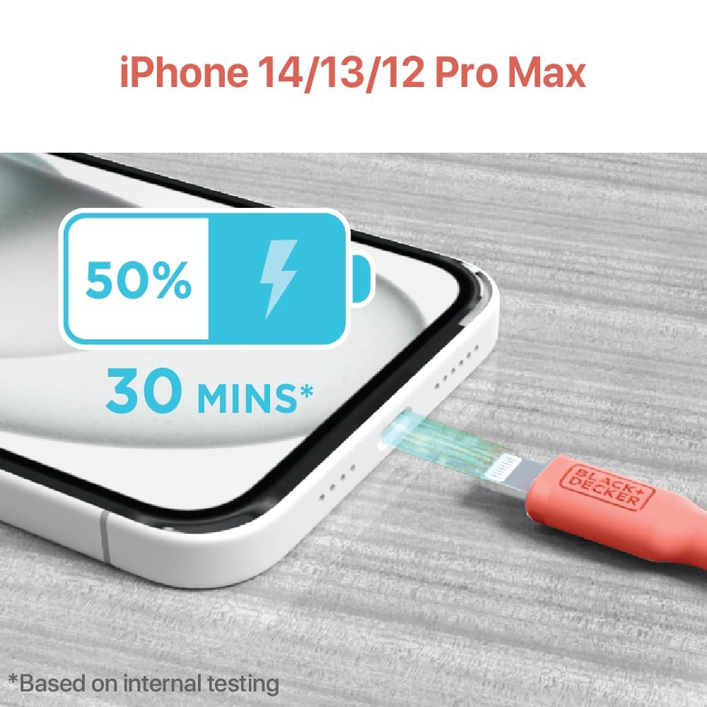 BLACK+DECKER Lightning to USB Cable - Fast Compatible iPhone Lightning Cable - Durable Braided iPhone Charger Cord - for Travel and Daily Use - Multiple Color + Length Options - 3ft