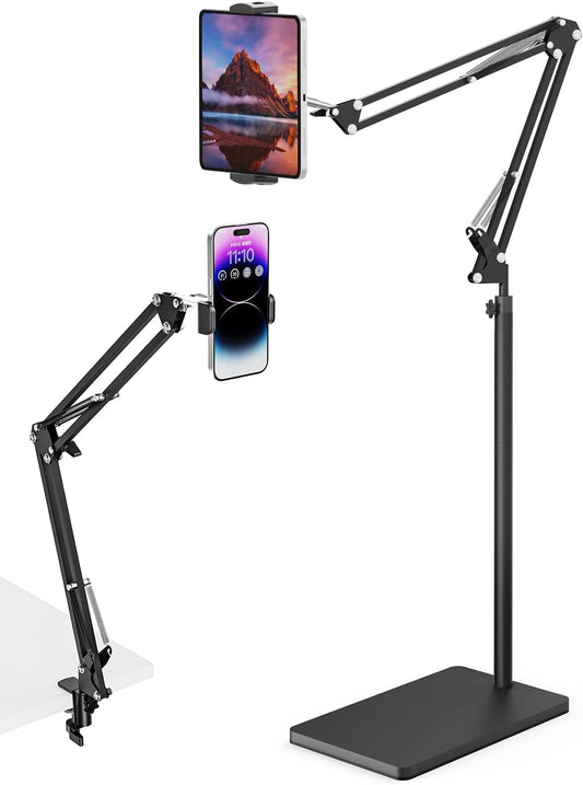 Tablet Floor Stand with 11lb Stable Base & Desk Clamp, Adjustable Height Stretchable Arm Swivel Dual Holder, Compatible with iPhone, iPad Pro Air Mini, Galaxy Tab, Kindle, Phones (4.5''-13'')