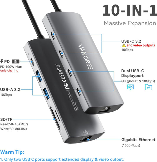 USB C Hub with Dual 4K@60Hz Displayports, 2 USB-A & 2 USBC 3.2 10Gbps Ports, 1Gbps Ethernet, 100W PD, SD/TF, USB C Splitter Docking Station for MacBook Pro/Air, iMac, iPad Pro, XPS, Thinkpad,Surface