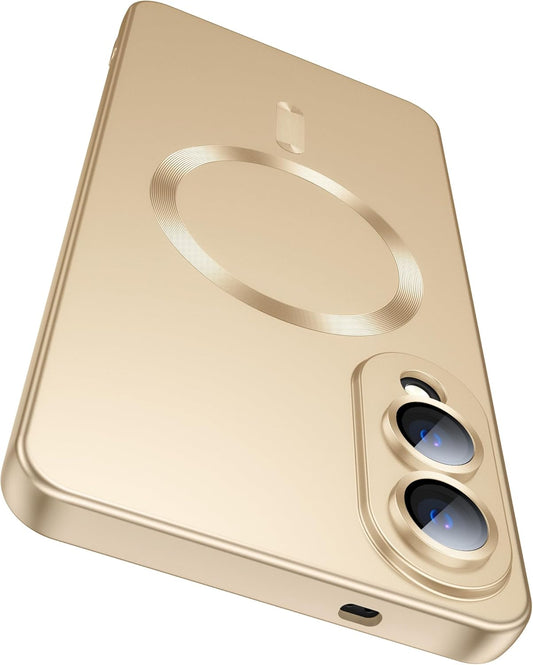 Magnetic for Samsung Galaxy S25 Edge Case [Compatible with MagSafe][Built-in Camera Lens Protector] Slim Soft Silicone Bumper Shockproof Metallic Luster Phone Case (Gold)