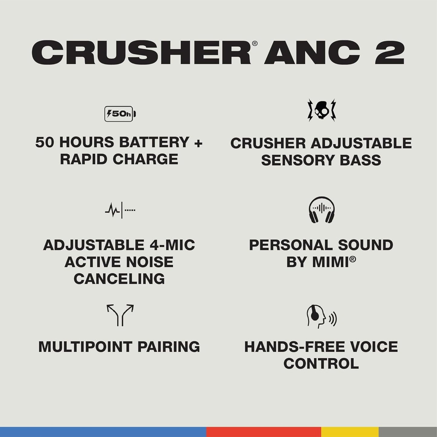 Skullcandy Crusher ANC 2 Over-Ear Noise Canceling Wireless Headphones with Sensory Bass and Charging Cable, 50 Hr Battery, Skull-iQ, Alexa Enabled, Microphone, Works with Bluetooth Devices - Black