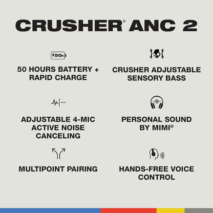 Skullcandy Crusher ANC 2 Over-Ear Noise Canceling Wireless Headphones with Sensory Bass and Charging Cable, 50 Hr Battery, Skull-iQ, Alexa Enabled, Microphone, Works with Bluetooth Devices - Black
