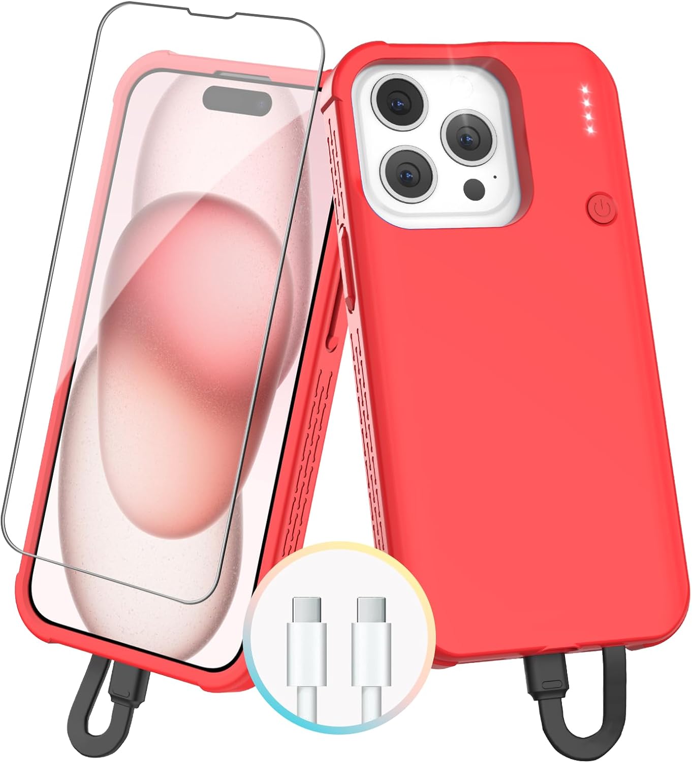 GIN FOXI Fast Charging Battery Case for iPhone 15 Pro Max/15 Plus, 8000mAh 15W Ultra Slim Charger Case Rechargeable Portable Extended Power Bank Case Cover Battery Pack Built-in Cable, Red(6.7”)
