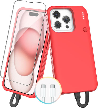 GIN FOXI Fast Charging Battery Case for iPhone 15 Pro Max/15 Plus, 8000mAh 15W Ultra Slim Charger Case Rechargeable Portable Extended Power Bank Case Cover Battery Pack Built-in Cable, Red(6.7”)