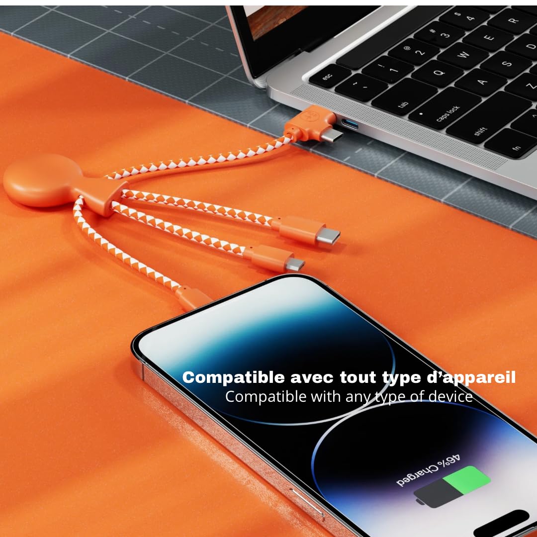 Multi USB Cable 4 in 1 - Universal Charger Made from Recycled Plastic - USB, USB-C, Lighting, Micro USB Ports - Compatible with All Smartphones Mr Bio Blue Octopus (Orange)