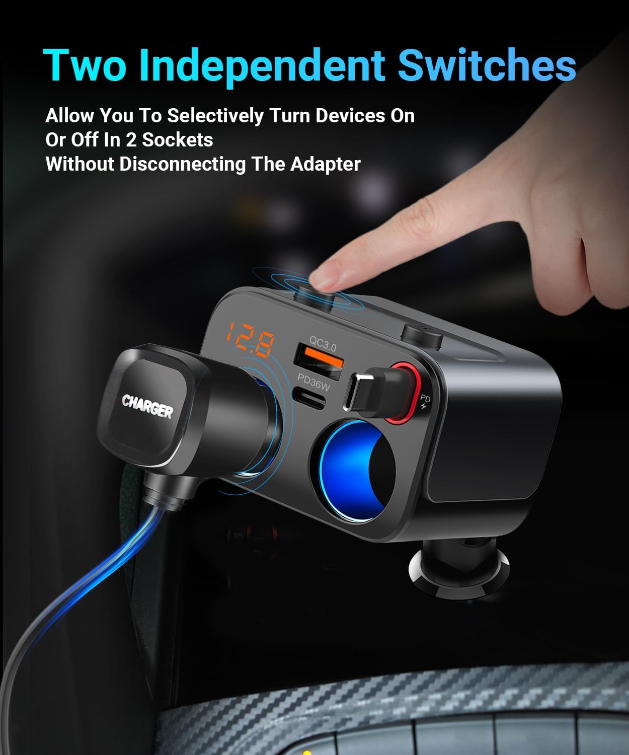 180W Retractable Car Charger Cigarette Lighter Splitter, 5 in 1 USB Fast Car Phone Charger with Retractable Cable 2 USB Ports, 2 Cigarette Lighter Socket with Separate Switch LED Voltmeter