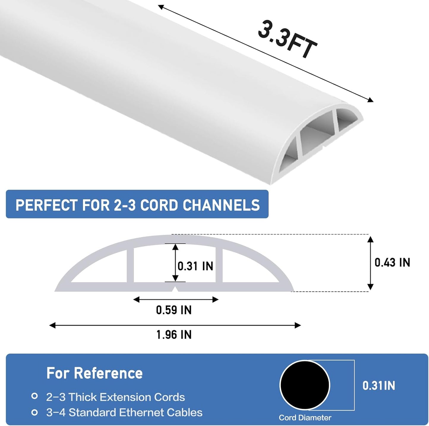 Floor Cord Cover Self Adhesive Cord Hider Floor Extension Cord Covers for Floor Power Cord Protector Cable Management Prevent Cable Trips Cable Cavity 0.59" W x 0.31" H (White, 3.3Ft)