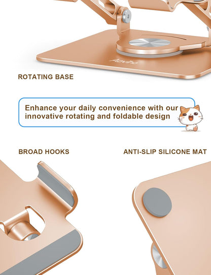 Tablet Stand 360° Rotating Aluminum Holder, Adjustable, Portable and Foldable Monitors Stand for iPads, Compatible with 4-12.9" Tablets, Golden