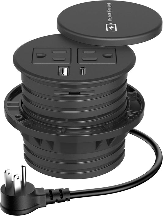Desktop Power Grommet 3-inch Hole,15W Wireless Charger,20W USB C Fast Charging Station,2 AC Plug,Round Recessed Power Strip, Workspace Essential Desk Hole Cover for Cables Black
