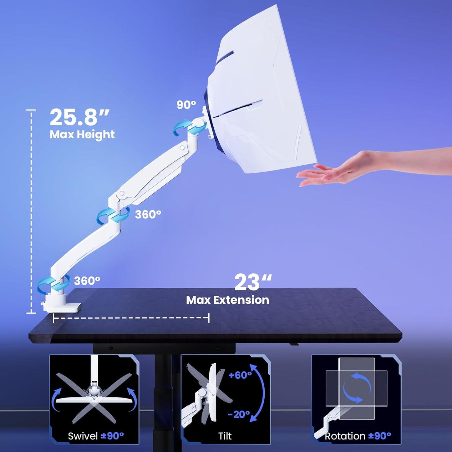 Ultrawide Monitor-Arm Heavy Duty 22-57‘’ - PUTORSEN Aluminum Single Monitor Mount Holds up to 59.4 lbs, Premium Adjustable Desk Mount Stand, VESA 75/100/200 mm, White