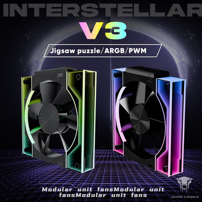 Jungle Leopard Interstellar V3 120mm PC Case Fan Infinity Mirror Module Daisy-Chain 120mm RGB PWM Fan Triple Pack Suitable for Computer Case & 360mm AIO Cooler(Black-3Pack