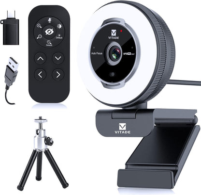 Zoomable Webcam with Remote Control, 1080P 60FPS Streaming Webcam with Adjustable Ring Light and Tripod, Pro USB 5X Digital Zoom Webcam for Zoom/Skype Teams/Laptop/Mac Windows