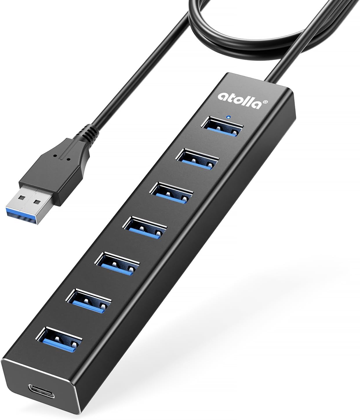 atolla Aluminum 7-Port USB 3.0 Hub with 1m Extension Cable - 5Gbps High-Speed Data Transfer for MacBook Pro, Laptop, PC, Gaming Setup