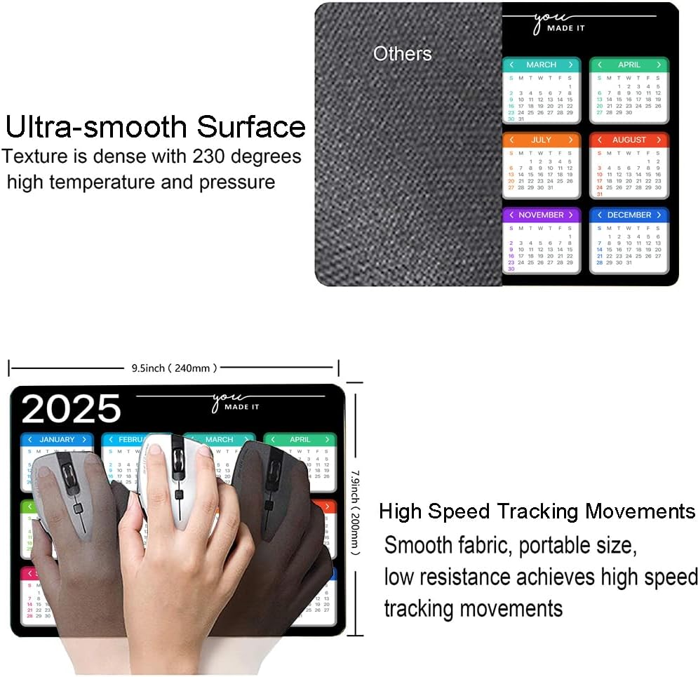 Hokafenle Mouse Pad, Black 2025 Calendar Mouse Pad, Premium-Textured Square Waterproof Mouse Mat Non-Slip Rubber Base MousePads for Office Laptop Home
