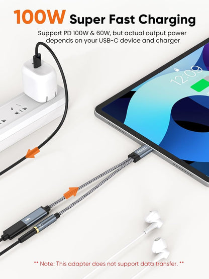 CableCreation USB C to 3.5mm Headphone and Charger Adapter with PD 100W 60W Fast Charging, USB C to Audio Jack Type C to Aux Cord for iPhone 16 15, Galaxy S24/S23/S22 Ultra+, iPad Pro/Air, Pixel 9/8+