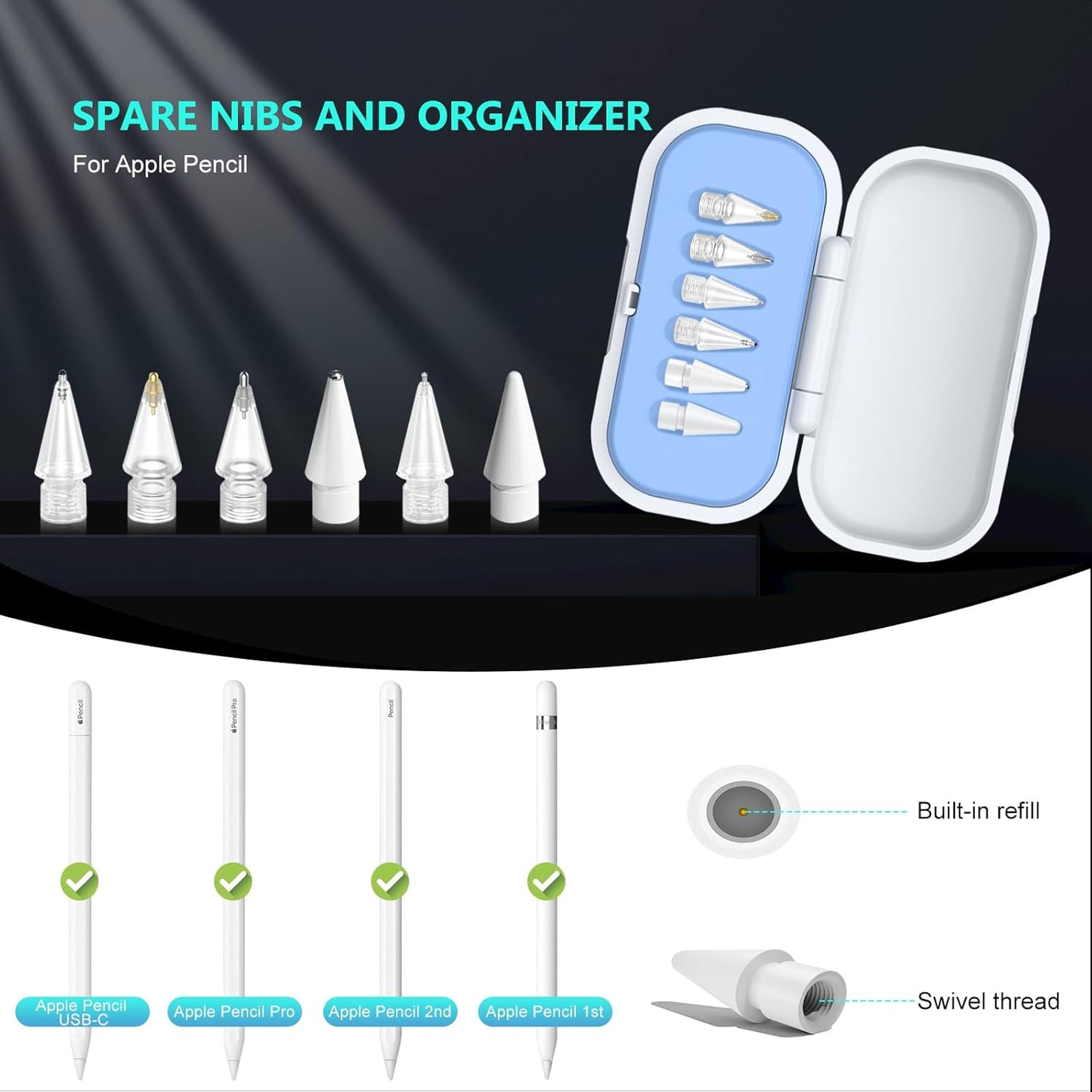 Replacement Tips for Apple Pencil Pro (1st/2nd Gen & USB-C), Upgraded iPad Pen Tips with Carrying Case, Precise Stylus Accessories - 6 Pack, Blue