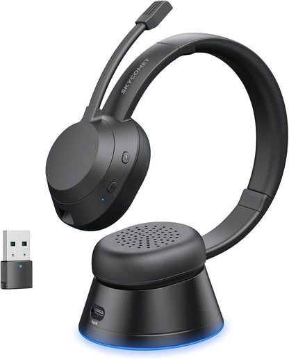 Wireless Headset with Mic for Work, Bluetooth Headset with Microphone (Noise Cancellation), Wireless Headphones with USB Dongle & Charging Dock for Call Center/Home/Computer/PC/Laptop/Teams/Zoom