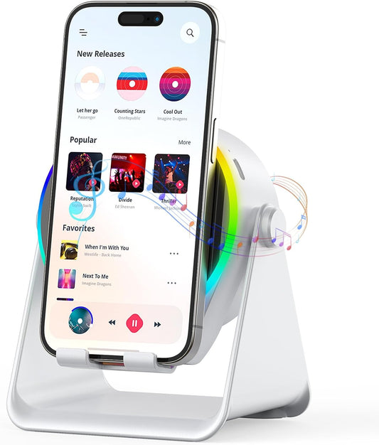 Wireless Induction Speaker, 4 in 1 Bluetooth Speaker Phone Stand with RGB Light, 360° Rotation Phone Holder Compatible with iPhone Android iPad Samsung Galaxy, Birthday Gift for Men Women