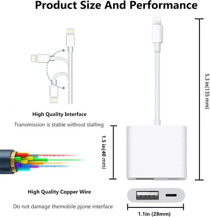 [Apple MFi Certified] Lightning to USB Camera Adapter with Charging Port for iPhone, USB 3.0 Female OTG Cable for iPad to Connect Card Reader USB Flash Drive U Disk Keyboard Mouse Hubs Midi