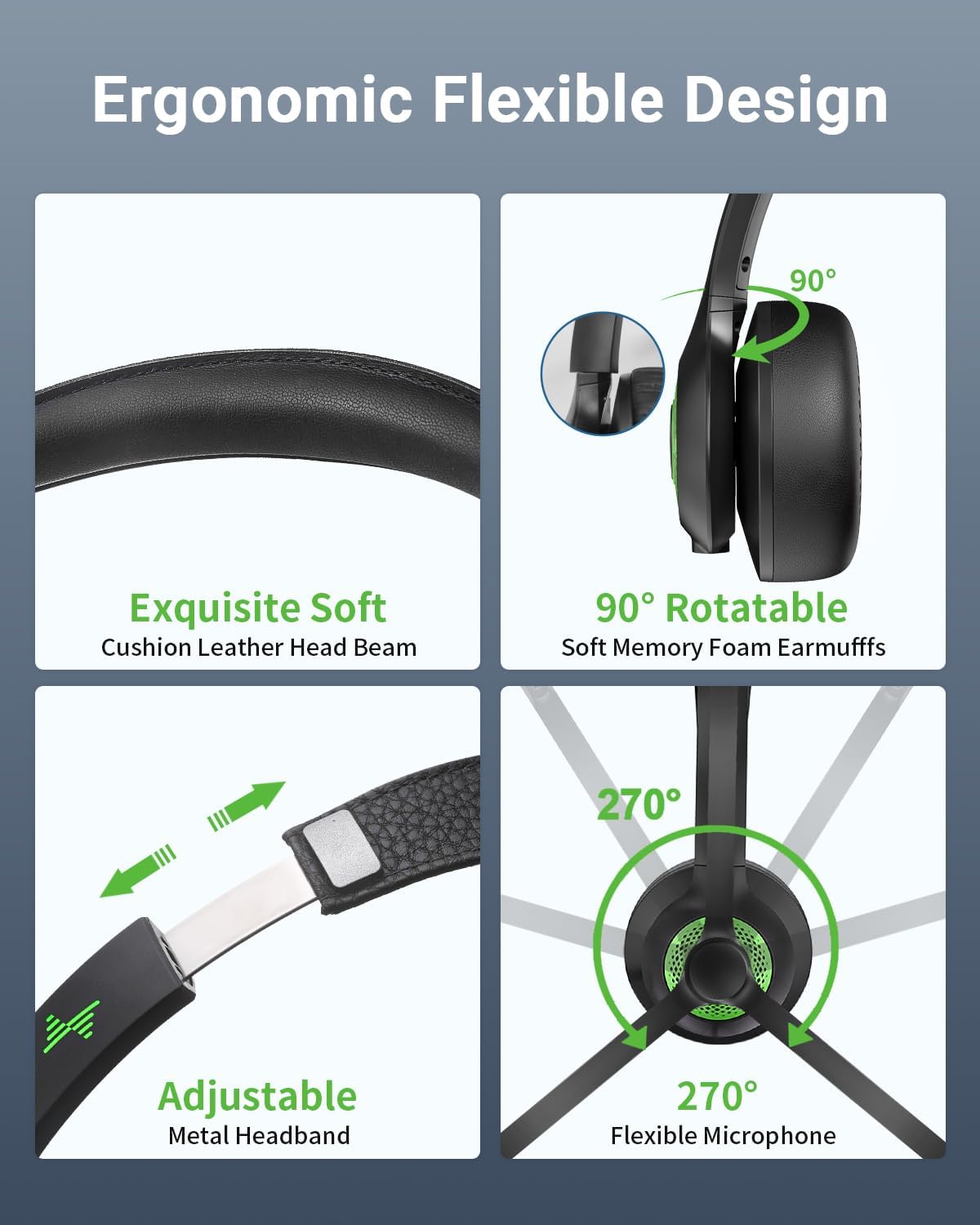 Wireless Headset with AI Noise Cancelling Microphone Bluetooth Headset - Bluetooth V5.2 Headphones with USB Dongle & Mic Mute for Computer/Laptop/PC/iPhone/Android/Cell Phones/Zoom-Green