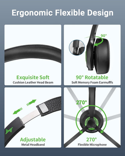 Wireless Headset with AI Noise Cancelling Microphone Bluetooth Headset - Bluetooth V5.2 Headphones with USB Dongle & Mic Mute for Computer/Laptop/PC/iPhone/Android/Cell Phones/Zoom-Green