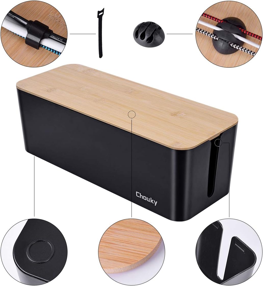 2 Pack Large Cable Management Box – Wooden Style Cord Organizer Box and Cover for TV Wires, Computer, Router, USB Hub and Under Desk Power Strip – Safe ABS Material and Baby-Pets Proof Lock (Black)