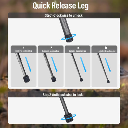 SIRUI Carbon Fiber Tripod Lightweight 2lbs with Panoramic Fluid Head, 59.8” Compact Camera Tripod Quick Release Leg Setup, Reversible Center Column, Reverse Folding Legs, Max Load 11lbs - Traveler X