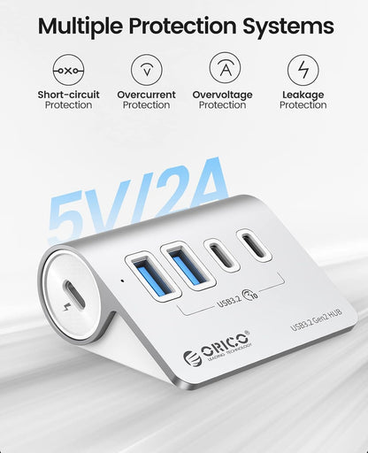 ORICO 4-Port USB 3.2 Gen 2 Hub 10Gbps with 2 USB A +2 USB C, Aluminium Hub with 1.64Ft USB-C Cable and USB-A Adapter USB Splitter for iMac, MacBooks, Mac mini