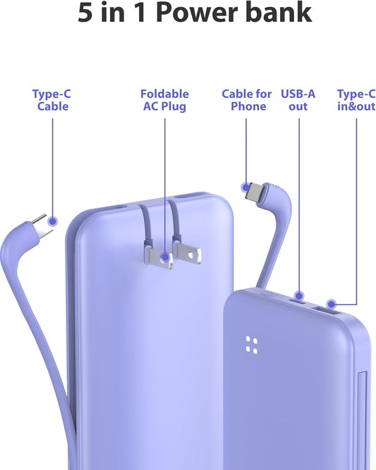 Alongza Portable Charger Built-in Cables and AC Wall Plug, Slim Fast Charging Power Bank 10000mAh, Lightweight USB C External Battery Pack Compact Travel Cell Phone Charger