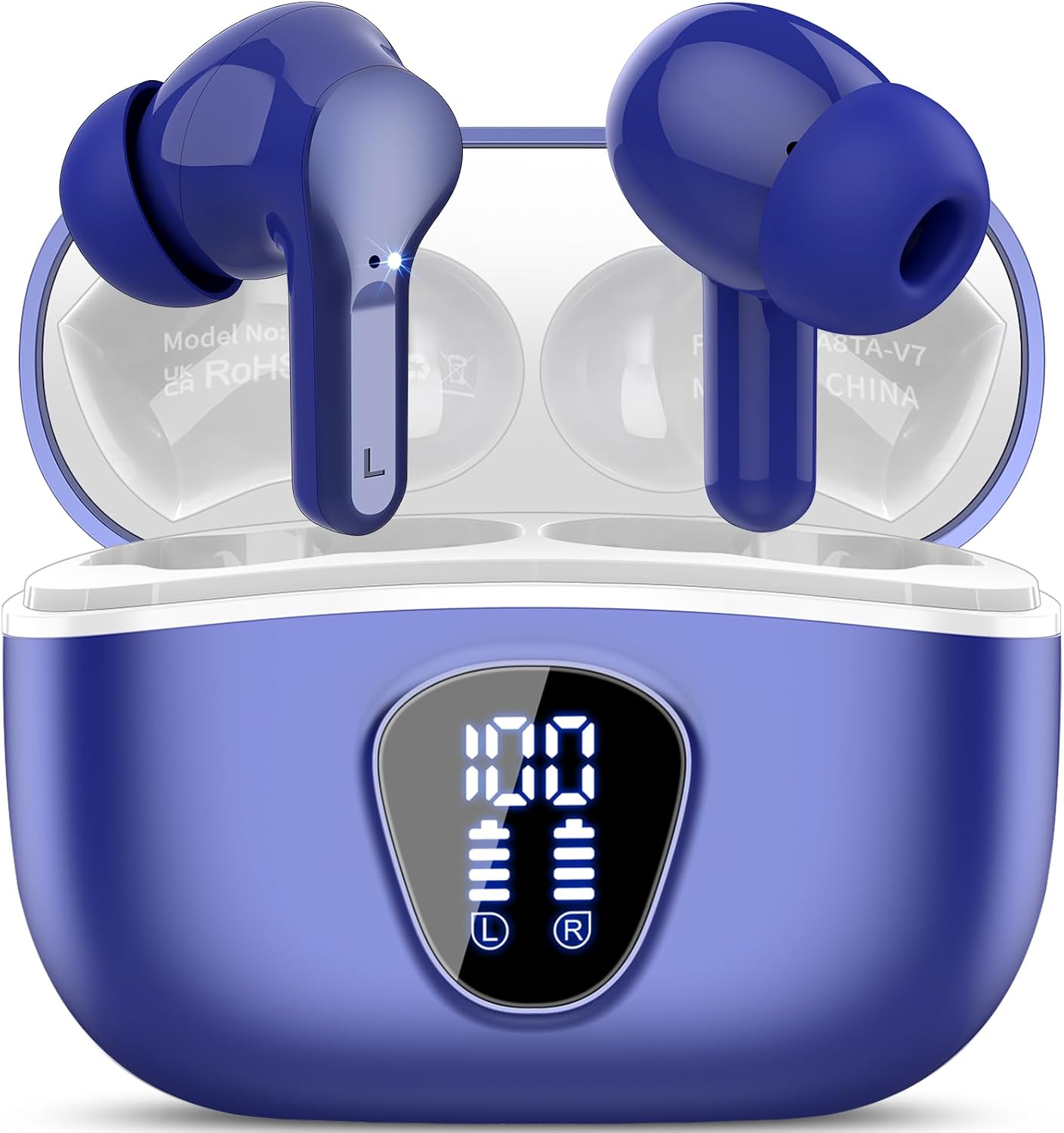 Wireless Earbuds, Bluetooth 5.4 Headphones HiFi Stereo, Bluetooth Earbuds with ENC Noise Cancelling Mic, IP7 Waterproof in Ear Earphones, 48H, LED Display Ear buds for Pad Workout Sports, Blue