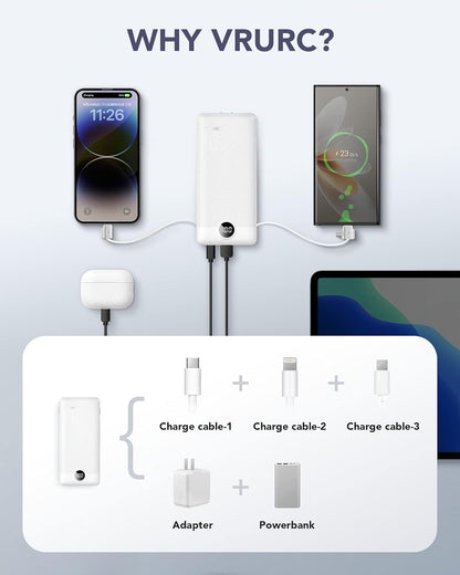 VRURC Portable Charger,Power Bank Built-in Cables and AC Wall Plug, USB C Portable Bank 10000mAh, Travel Essentials Phone Charger Compact External Battery Pack for Smart Phones, Tablets etc-White
