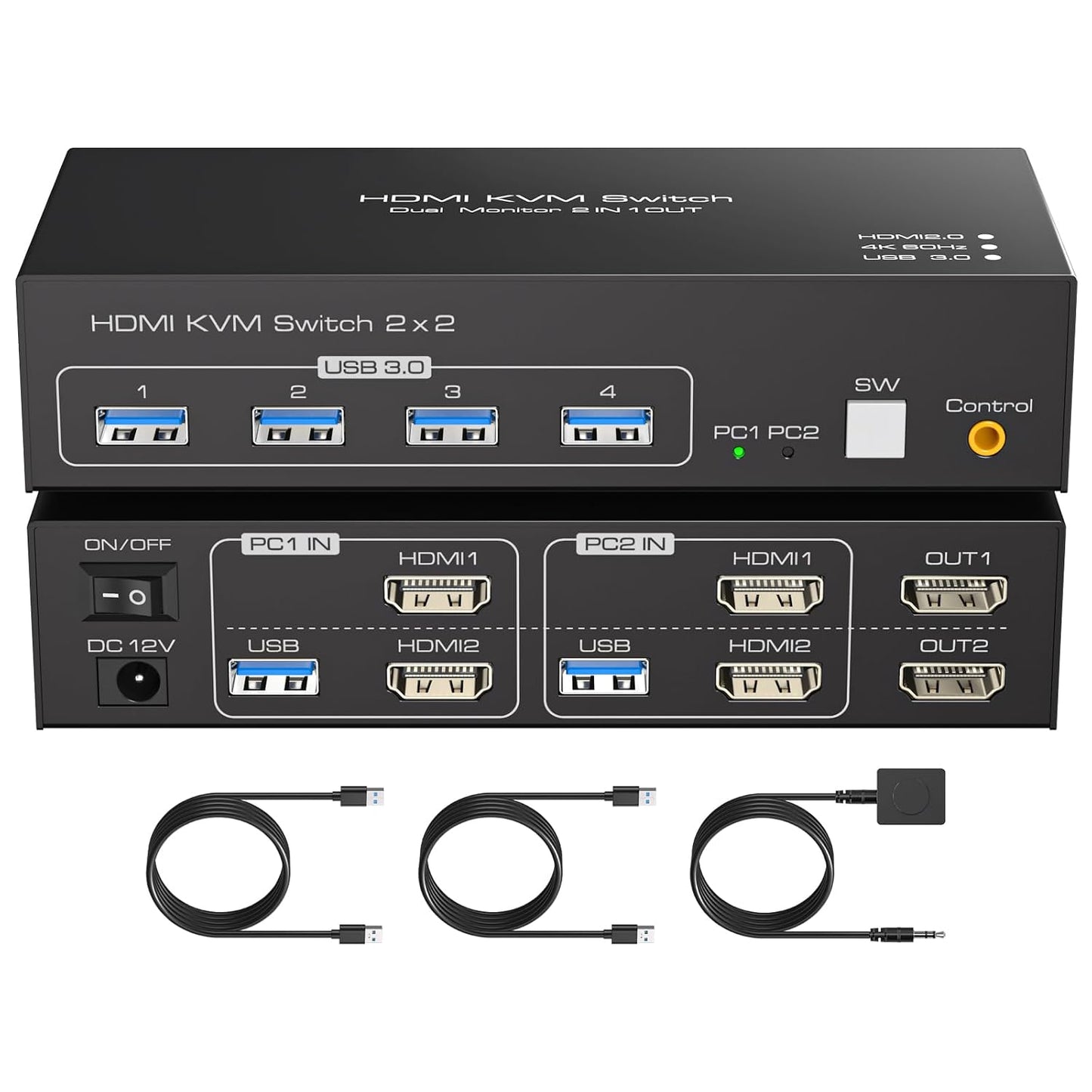 HDMI KVM Switch 2 Monitors 2 Computers 4K60Hz Dual Monitor KVM Switches for Dual PC or Laptops Share 1 Set of Keyboard Mouse Printer Wired Controller and 12V 1A DC Adapter Included