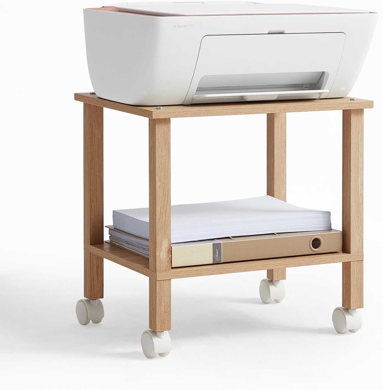 2 Tier Printer Stand with Storage,Under Desk Shelf Printer Table,Small Printer Stand with Wheels,Rolling Printer Cart for Office,Home,Wood Color