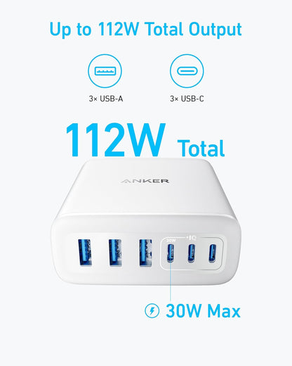 Anker Desktop Charger, Fast Charging USB C Charger, 112W Max 6-Port Charging Station, for iPhone, iPad, MacBook, Samsung and More (Cable Not Included)