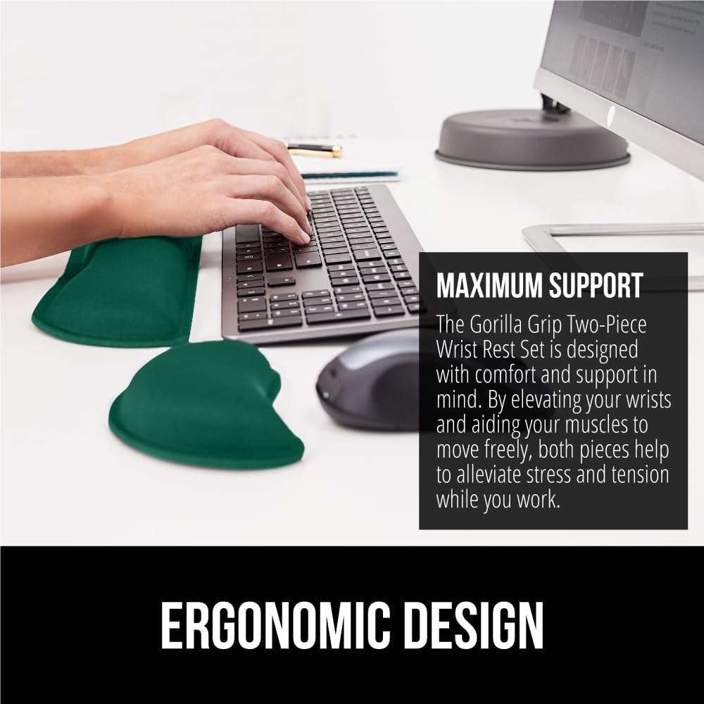 GORILLA GRIP Silky Gel Memory Foam Wrist Rest for Computer Keyboard, Mouse, Ergonomic Design for Typing Pain Relief, Desk Pads Support Hand, Arm, Mousepad Rests, Stain Resistant, 2 Piece, Hunter Green
