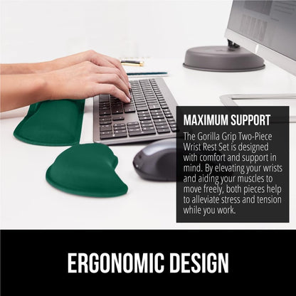 GORILLA GRIP Silky Gel Memory Foam Wrist Rest for Computer Keyboard, Mouse, Ergonomic Design for Typing Pain Relief, Desk Pads Support Hand, Arm, Mousepad Rests, Stain Resistant, 2 Piece, Hunter Green