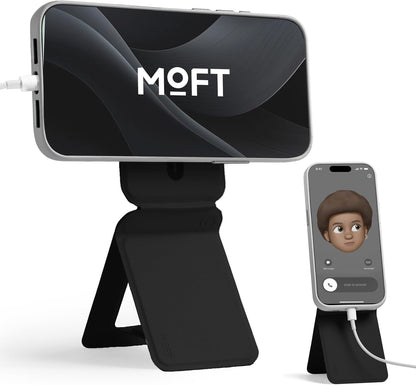 MOFT Phone Stand, Magnetic Phone Tripod Stand Stain-Resistant MOVAS Leather & Angle Adjustment & Strong Magnets Tripod for iPhone 16/15/14/13/12 (Included Metal Ring)-Jet Black