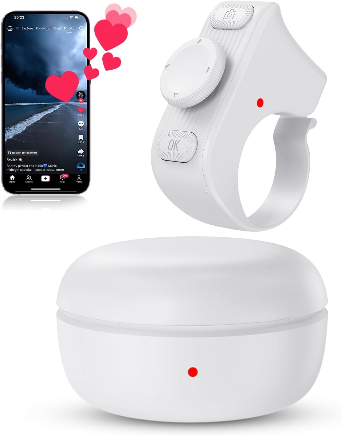 TikTok Scrolling Ring Remote Control, Camera Shutter Remote, Wireless Bluetooth Scrolling Ring for iPhone, iPad, iOS, Android - White