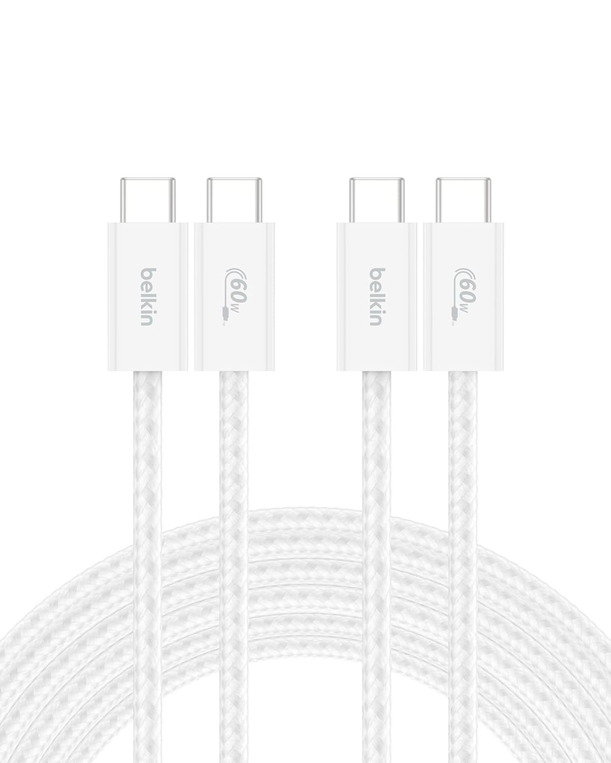 Belkin USB C to USB C Cable 2-Pack, 9.9ft, 60W - Type C Charger, iPhone Charger Cord, Soft, Braided, Flexible for iPhone 16, Galaxy S25, Pixel 9, Airpods, iPad Pro & More, Travel Essentials - White