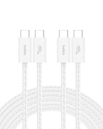 Belkin USB C to USB C Cable 2-Pack, 9.9ft, 60W - Type C Charger, iPhone Charger Cord, Soft, Braided, Flexible for iPhone 16, Galaxy S25, Pixel 9, Airpods, iPad Pro & More, Travel Essentials - White