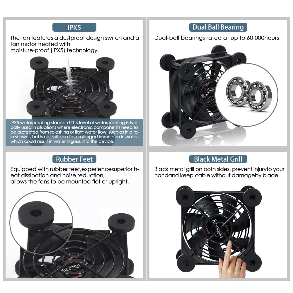 Dual 80mm Cooling Fan - 10-Speed USB 5V/DC 12V Power, IPX5 Waterproof for Tablet, TV, Router, Xbox, DVR, Computer Cabinet, Greenhouse & Kennel Component Cooling