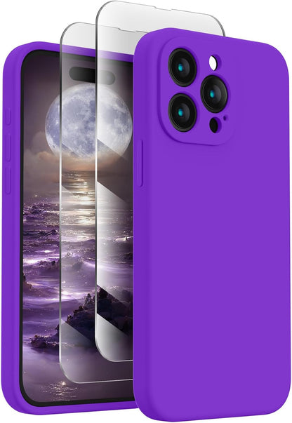 FireNova Designed for iPhone 15 Pro Case, Silicone Upgraded [Camera Protection] Phone Case with [2 Screen Protectors], Soft Anti-Scratch Microfiber Lining Inside, 6.1 inch, Neon Purple