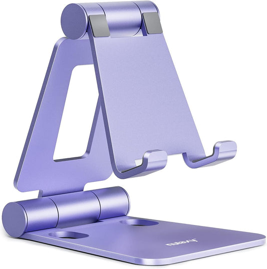 Nulaxy Dual Folding Cell Phone Stand, Fully Adjustable Foldable Desktop Phone Holder Cradle Dock Compatible with iPhone 17 16 15 14 13 12 11 Pro Max Xs Xr X 8, Nintendo Switch, All Phones - Purple
