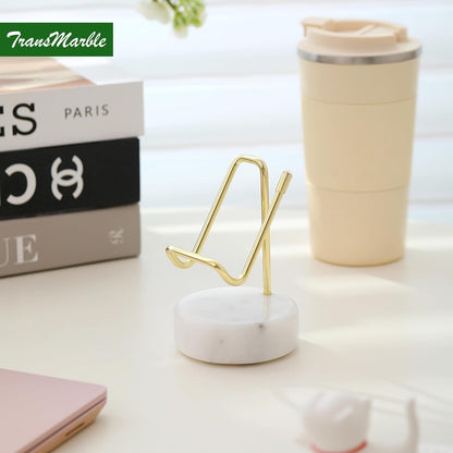 Marble Phone Stand with Metal Holder, Charging Available While Using, Swipe Up to Unlock, Made of Natural Marble as Business Card Holder for Office Desk (Starry White + Gold)
