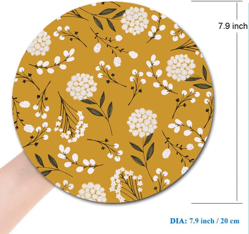 Round Mouse Pad, Cute Floral Mouse Pad with Design, Computer Mouse Mat, Non-Slip Rubber Base Mousepad, Waterproof Women Office Mouse Pads, Yellow Flowers