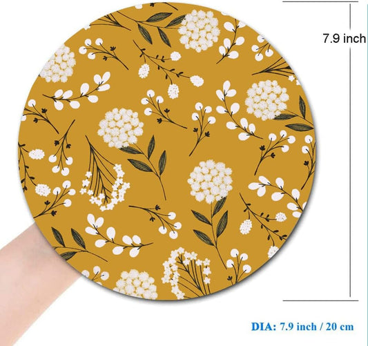 Round Mouse Pad, Cute Floral Mouse Pad with Design, Computer Mouse Mat, Non-Slip Rubber Base Mousepad, Waterproof Women Office Mouse Pads, Yellow Flowers