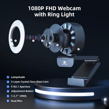Streaming Webcam with Adjustable Ring Light, Full HD 1080P Webcam with Dual Microphones and Advanced Auto-Focus,Pro Web Camera for Online Learning, Zoom Meeting Skype Teams, Gaming Laptop