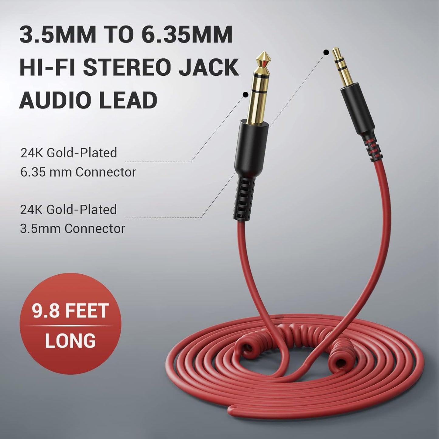 OneOdio 6.35mm to 3.5mm 6.6-9.8FT Stereo Adapter Cable Compatible with AMPs, Electronic Keyboards, Mixers, Guitars and Pro10/Pro30/Pro50 Headphones of OneOdio-Red